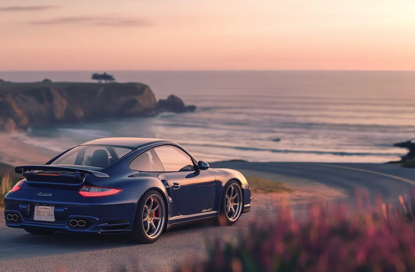 Electric car in motion against a minimal background, highlighting a digital cockpit and aerodynamic design.