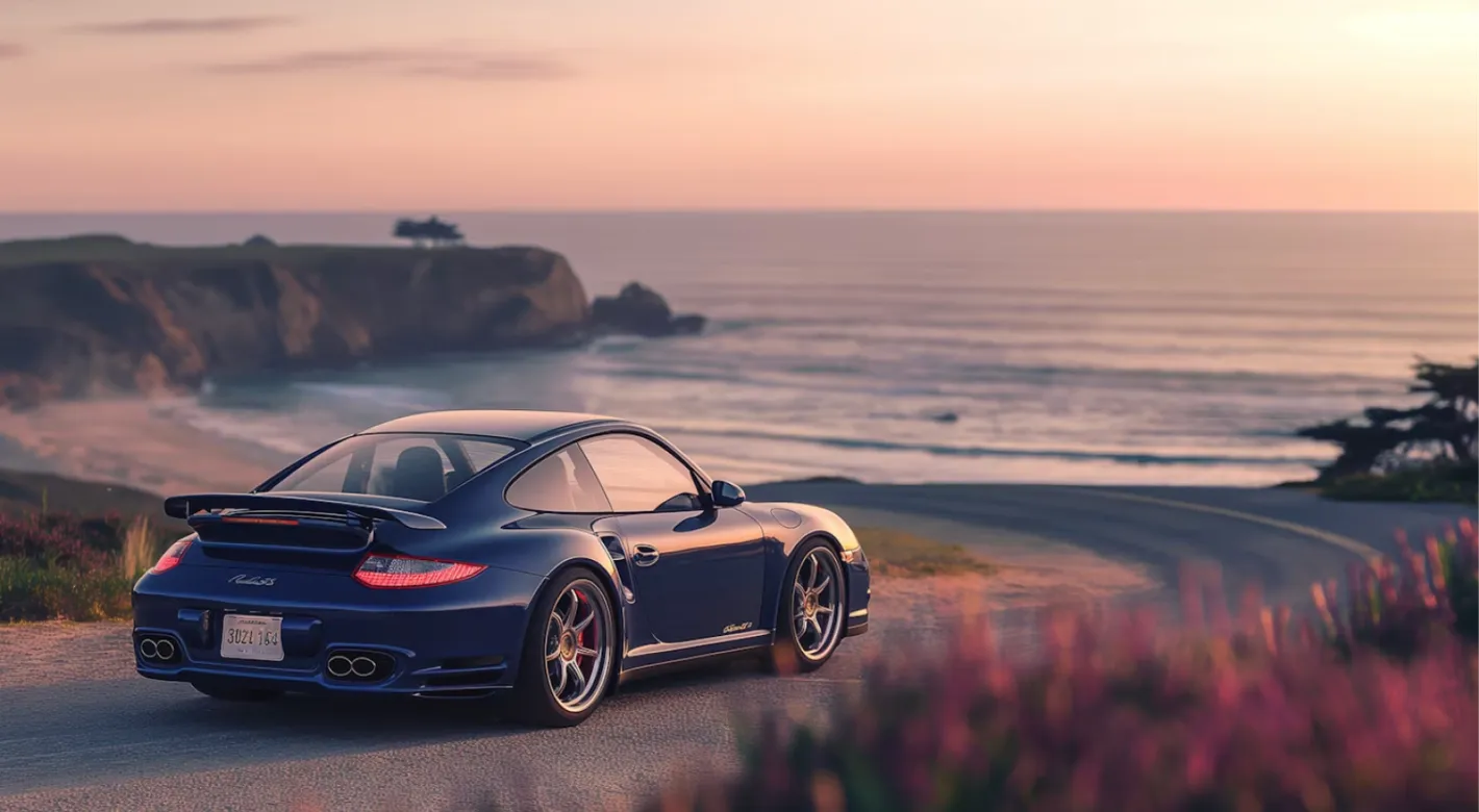 Electric car in motion against a minimal background, highlighting a digital cockpit and aerodynamic design.