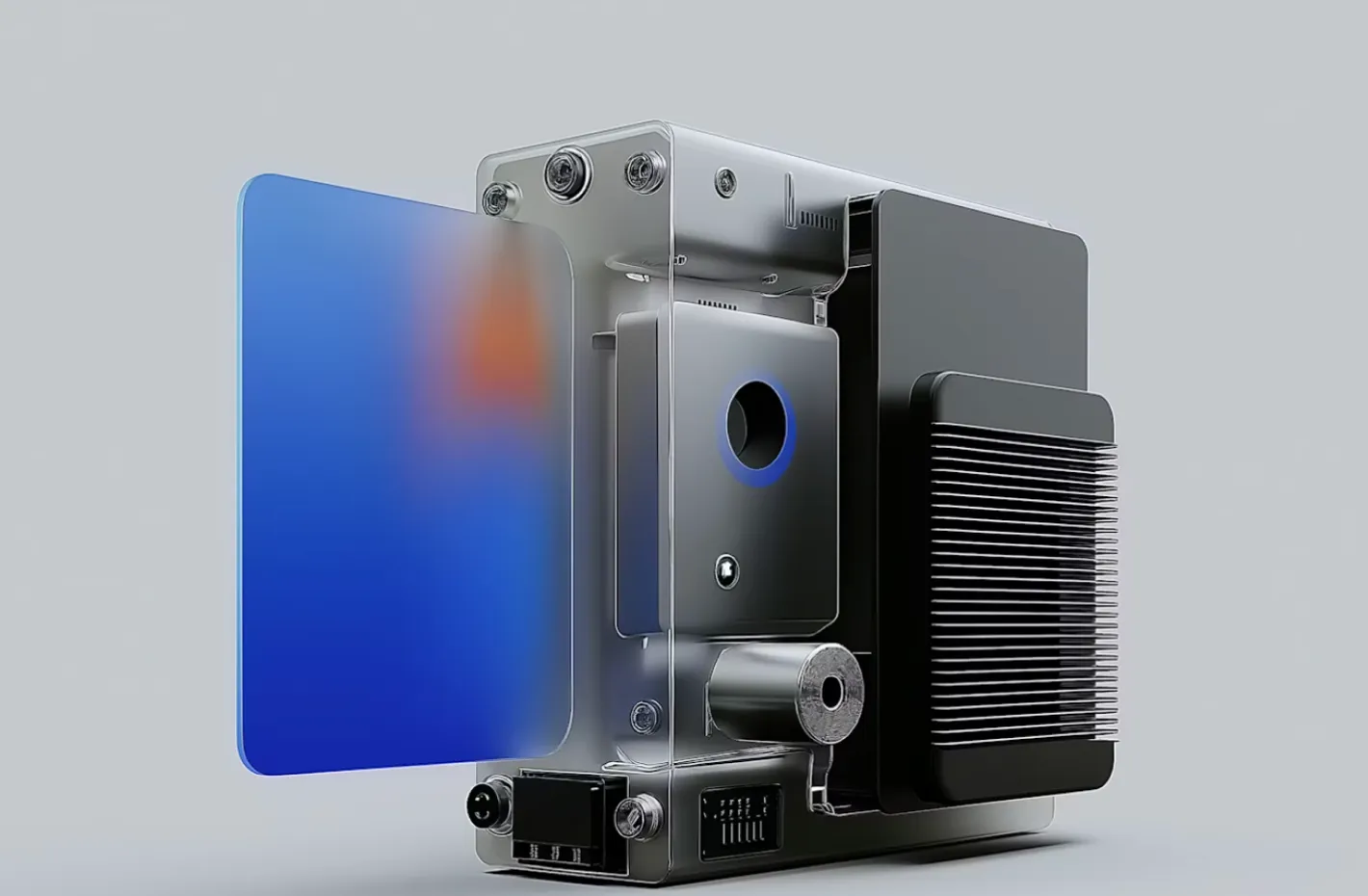 Minimal electric device on a clean surface, showing precision controls, status indicators, and compact industrial design.